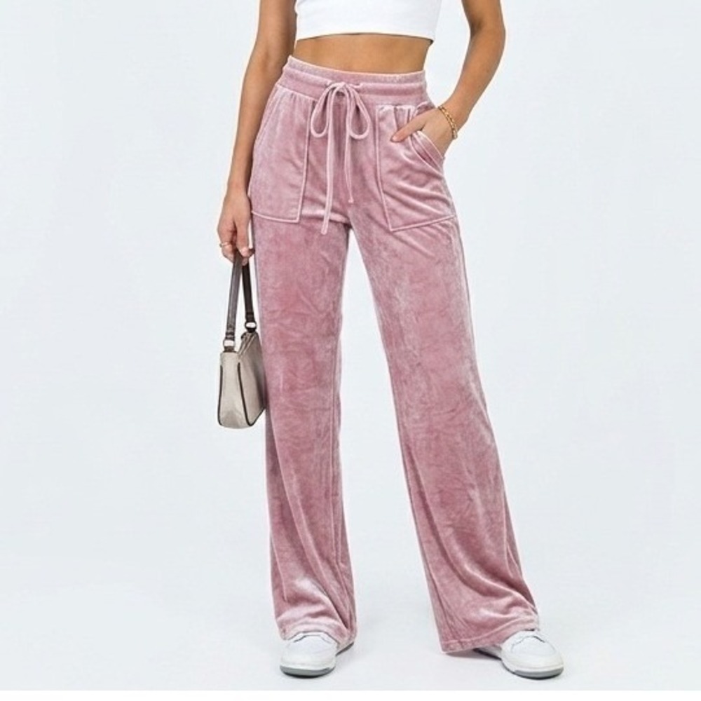 Princess Polly Pink Velour Wide Leg Drawstring Pants